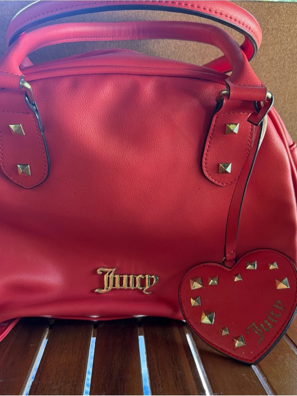 Juicy Couture Red Satchel with Heart Charm and Gold Accents